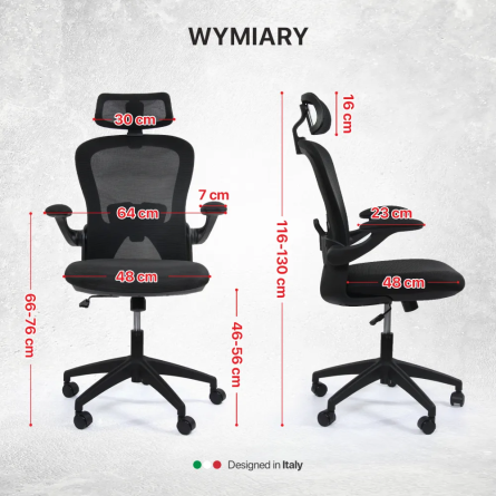 Fotel biurowy ergonomiczny model DH8005H-BK, podparcie okolic lędźwiowych, składane podłokietniki, regulowany zagłówek, czarny