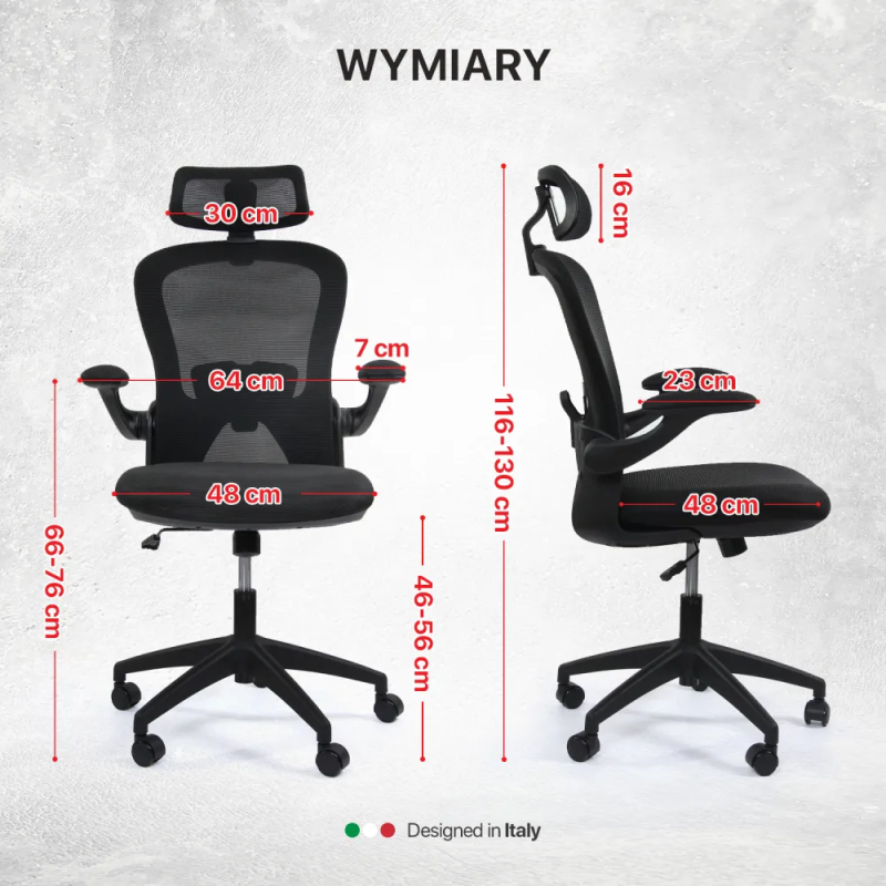 Fotel biurowy ergonomiczny model DH8005H-BK, podparcie okolic lędźwiowych, składane podłokietniki, regulowany zagłówek, czarny