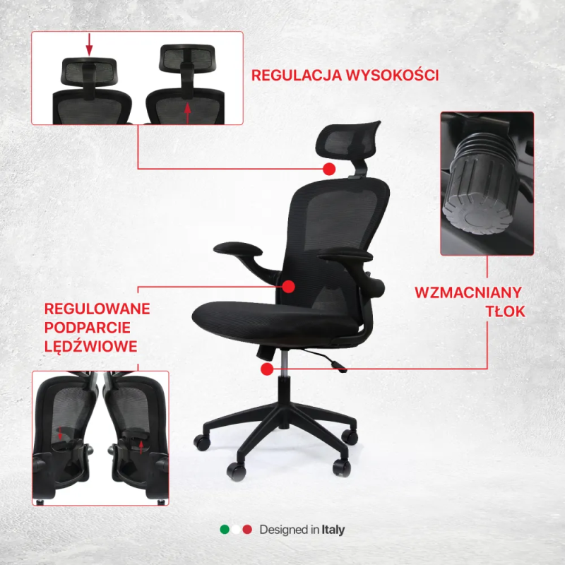 Fotel biurowy ergonomiczny model DH8005H-BK, podparcie okolic lędźwiowych, składane podłokietniki, regulowany zagłówek, czarny
