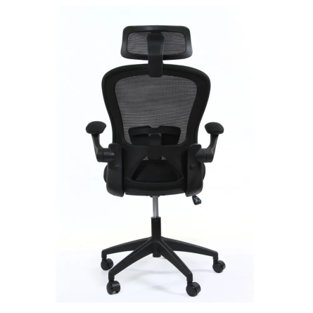 Fotel biurowy ergonomiczny model DH8005H-BK, podparcie okolic lędźwiowych, składane podłokietniki, regulowany zagłówek, czarny