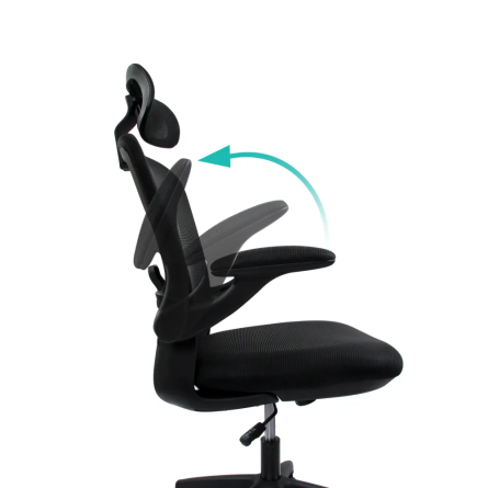 Fotel biurowy ergonomiczny model DH8005H-BK, podparcie okolic lędźwiowych, składane podłokietniki, regulowany zagłówek, czarny