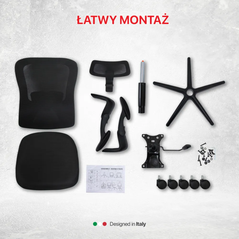 Fotel biurowy ergonomiczny model DH8005H-BK, podparcie okolic lędźwiowych, składane podłokietniki, regulowany zagłówek, czarny