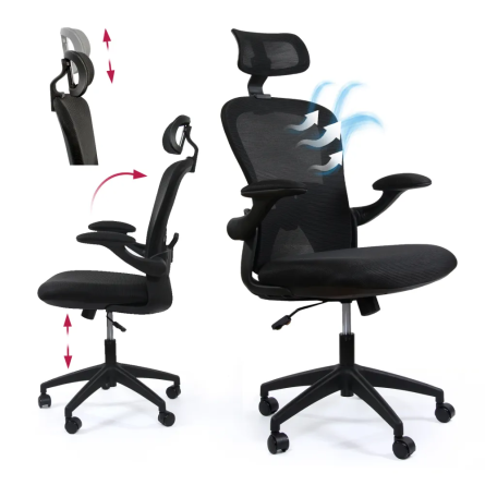 Fotel biurowy ergonomiczny model DH8005H-BK, podparcie okolic lędźwiowych, składane podłokietniki, regulowany zagłówek, czarny