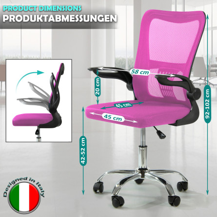 Fotel biurowy ergonomiczny, model V8, składane podłokietniki, różowy