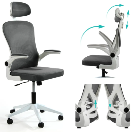 Fotel biurowy ergonomiczny, model V1, podparcie okolic lędźwiowych, składane podłokietniki, regulowany zagłówek, grafitowy