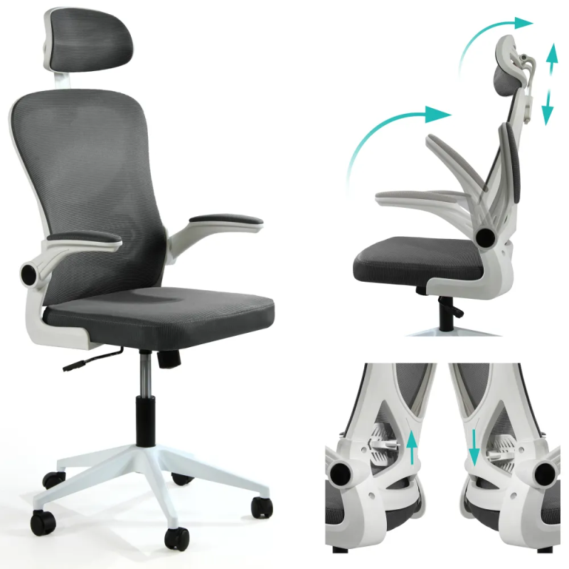 Fotel biurowy ergonomiczny, model V1, podparcie okolic lędźwiowych, składane podłokietniki, regulowany zagłówek, grafitowy