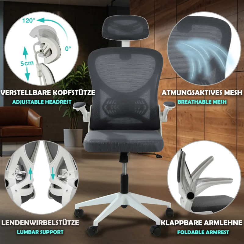Fotel biurowy ergonomiczny, model V1, podparcie okolic lędźwiowych, składane podłokietniki, regulowany zagłówek, grafitowy