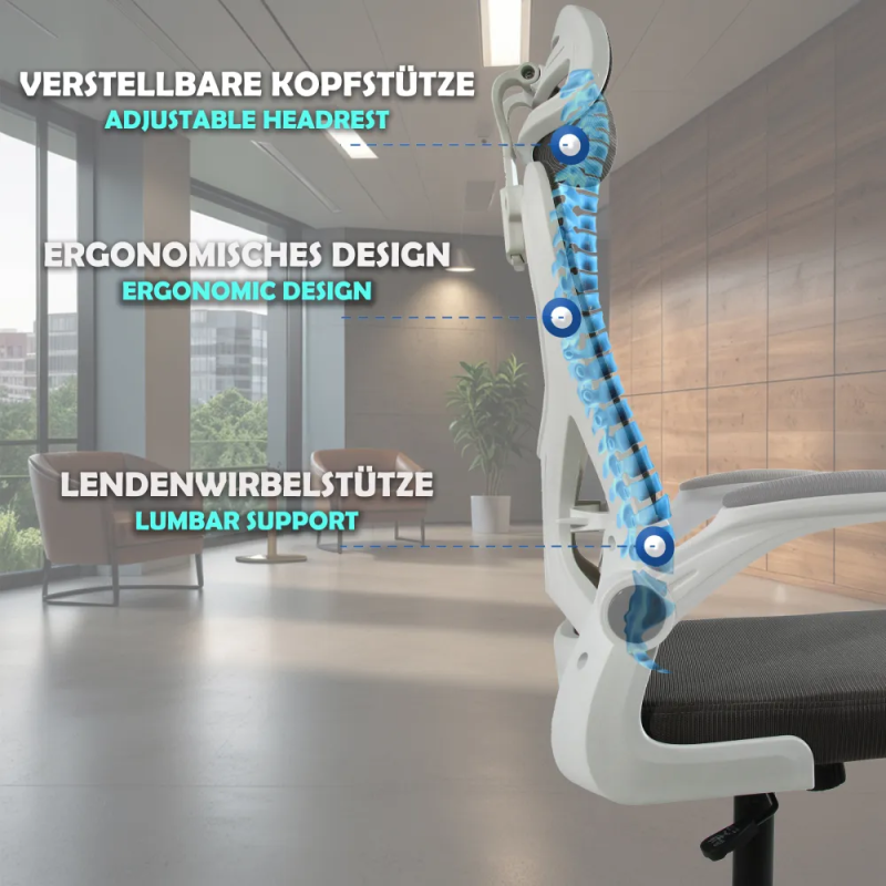 Fotel biurowy ergonomiczny, model V1, podparcie okolic lędźwiowych, składane podłokietniki, regulowany zagłówek, grafitowy
