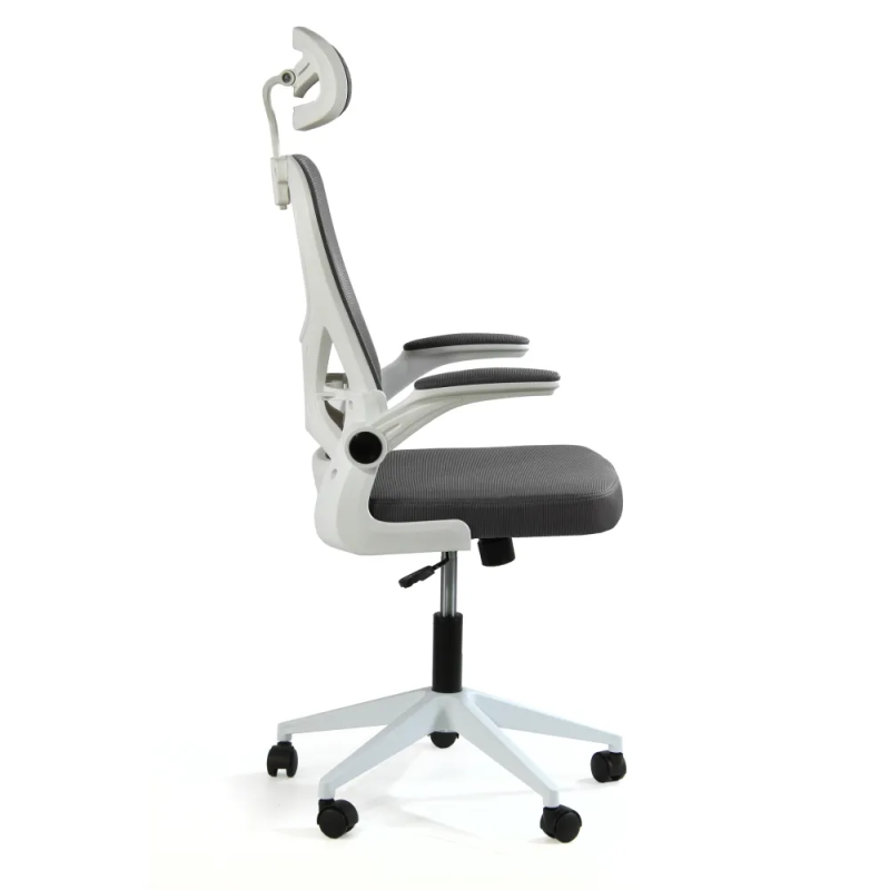 Fotel biurowy ergonomiczny, model V1, podparcie okolic lędźwiowych, składane podłokietniki, regulowany zagłówek, grafitowy