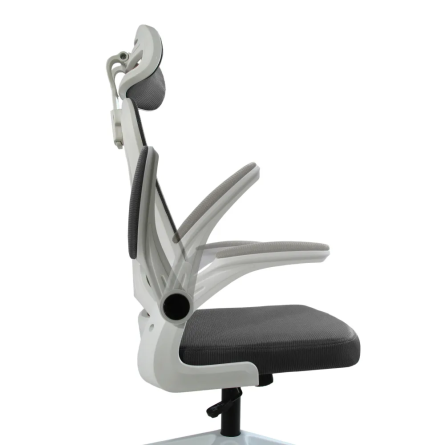 Fotel biurowy ergonomiczny, model V1, podparcie okolic lędźwiowych, składane podłokietniki, regulowany zagłówek, grafitowy