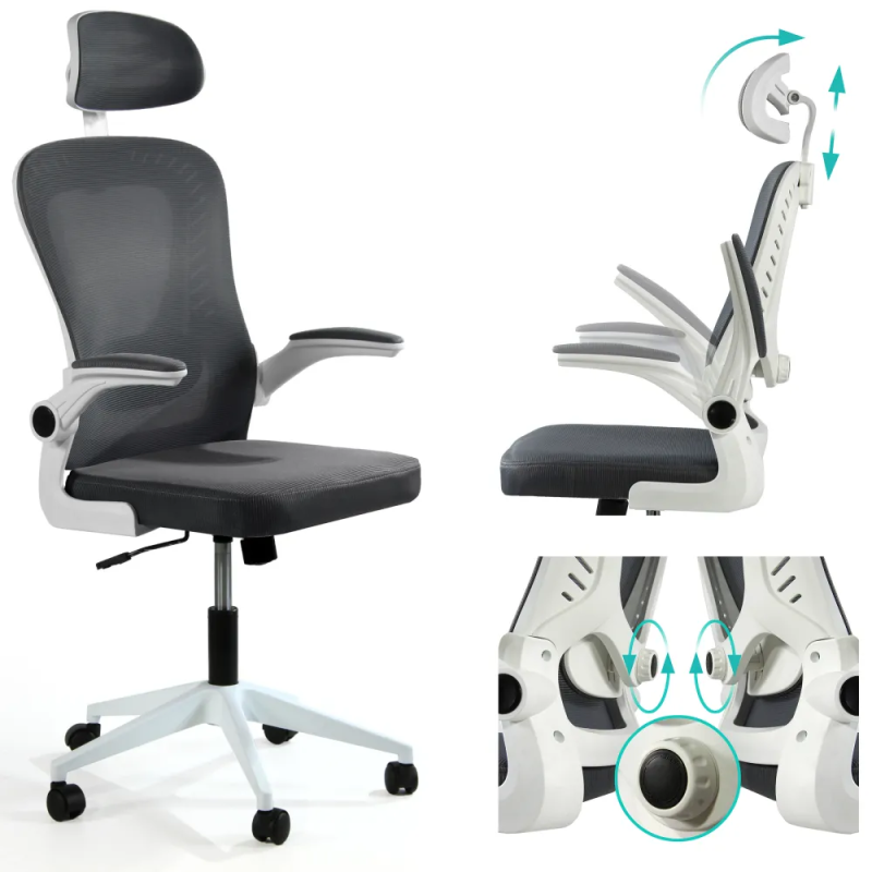 Fotel biurowy ergonomiczny, model D1, podparcie okolic lędźwiowych, składane podłokietniki, regulowany zagłówek, grafitowy Fotel biurowy ergonomiczny, model D1, podparcie okolic lędźwiowych, składane podłokietniki, regulowany zagłówek, grafitowy