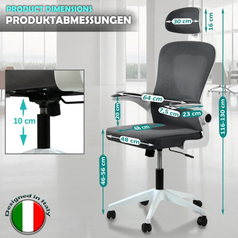 Fotel biurowy ergonomiczny, model D1, podparcie okolic lędźwiowych, składane podłokietniki, regulowany zagłówek, grafitowy Fotel biurowy ergonomiczny, model D1, podparcie okolic lędźwiowych, składane podłokietniki, regulowany zagłówek, grafitowy