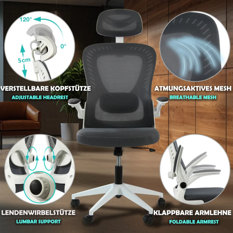 Fotel biurowy ergonomiczny, model D1, podparcie okolic lędźwiowych, składane podłokietniki, regulowany zagłówek, grafitowy Fotel biurowy ergonomiczny, model D1, podparcie okolic lędźwiowych, składane podłokietniki, regulowany zagłówek, grafitowy