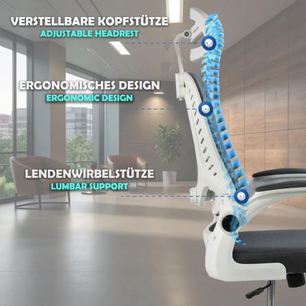Fotel biurowy ergonomiczny, model D1, podparcie okolic lędźwiowych, składane podłokietniki, regulowany zagłówek, grafitowy Fotel biurowy ergonomiczny, model D1, podparcie okolic lędźwiowych, składane podłokietniki, regulowany zagłówek, grafitowy