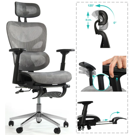 Fotel biurowy ergonomiczny z podnóżkiem, model K80G, podparcie okolic lędźwiowych, regulowane podłokietniki i zagłówek, grafit