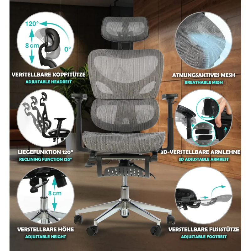 Fotel biurowy ergonomiczny z podnóżkiem, model K80G, podparcie okolic lędźwiowych, regulowane podłokietniki i zagłówek, grafit Fotel biurowy ergonomiczny z podnóżkiem, model K80G, podparcie okolic lędźwiowych, regulowane podłokietniki i zagłówek, grafit