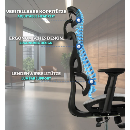 Fotel biurowy ergonomiczny z podnóżkiem, model K80G, podparcie okolic lędźwiowych, regulowane podłokietniki i zagłówek, grafit Fotel biurowy ergonomiczny z podnóżkiem, model K80G, podparcie okolic lędźwiowych, regulowane podłokietniki i zagłówek, grafit
