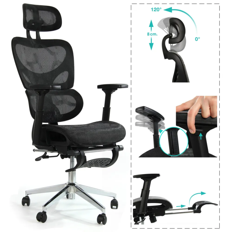 Fotel biurowy ergonomiczny z podnóżkiem, model K80G, podparcie okolic lędźwiowych, regulowane podłokietniki i zagłówek, czarny