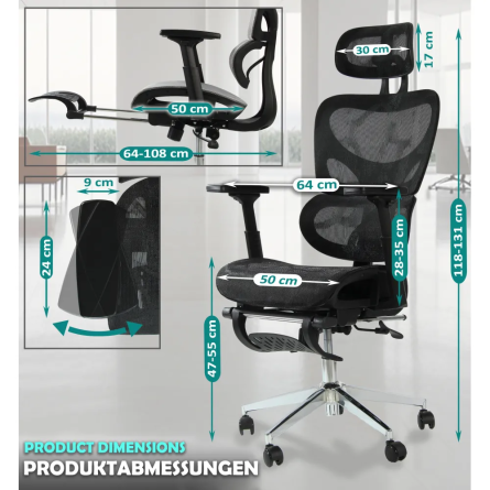 Fotel biurowy ergonomiczny z podnóżkiem, model K80G, podparcie okolic lędźwiowych, regulowane podłokietniki i zagłówek, czarny