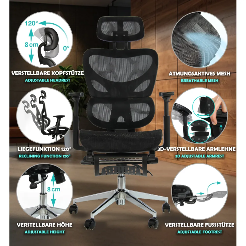 Fotel biurowy ergonomiczny z podnóżkiem, model K80G, podparcie okolic lędźwiowych, regulowane podłokietniki i zagłówek, czarny