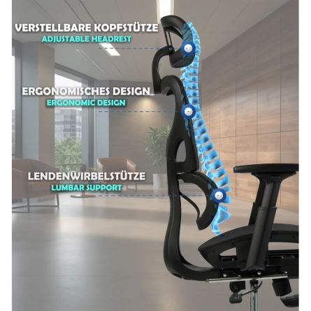 Fotel biurowy ergonomiczny z podnóżkiem, model K80G, podparcie okolic lędźwiowych, regulowane podłokietniki i zagłówek, czarny