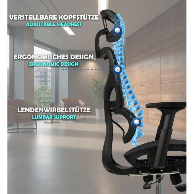 Fotel biurowy ergonomiczny z podnóżkiem, model K80G, podparcie okolic lędźwiowych, regulowane podłokietniki i zagłówek, czarny