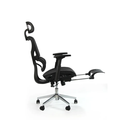 Fotel biurowy ergonomiczny z podnóżkiem, model K80G, podparcie okolic lędźwiowych, regulowane podłokietniki i zagłówek, czarny