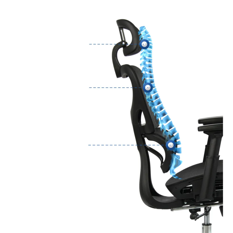 Fotel biurowy ergonomiczny z podnóżkiem, model K80G, podparcie okolic lędźwiowych, regulowane podłokietniki i zagłówek, czarny